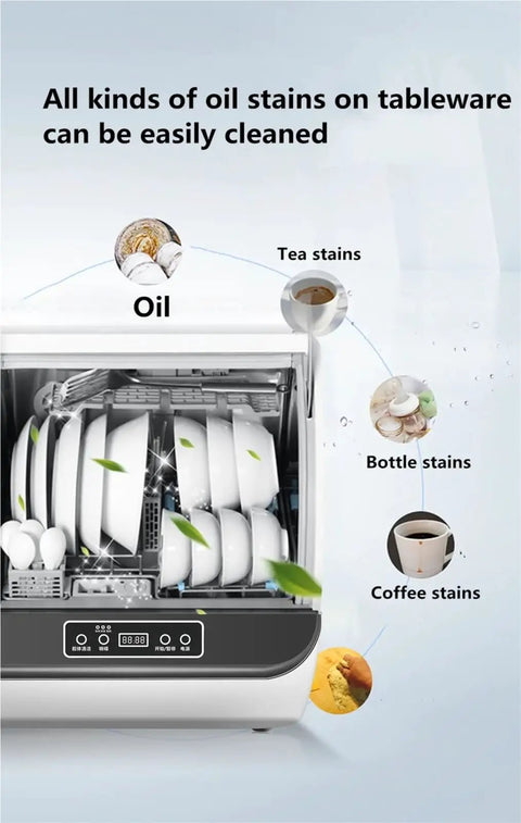 Inside view of Compact Countertop Dishwasher Featuring Automatic Self Draining Tech showcasing washed dishes, stains visible.