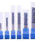 Solid Carbide End Mills Set, 6 pcs, diameters 1/8 inch through 1/2 inch, AlTiN coated, 4 flute, 30 degree helix CNC router end mill bits