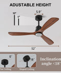 52 Inch Ceiling Fan With Lights And Remote Walnut Wood Blades showing adjustable height and installation options