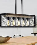 Rectangular Black Farmhouse Chandelier With Five Edison Style Lights, 36 Inch Rustic Dining Room Fixture above table