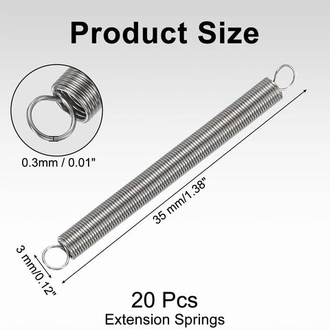 Top Notch 20 Piece Stainless Steel Extension Springs Set featuring durable corrosion-resistant design, 35mm long, 0.3mm wire.
