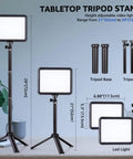 Two Pack 8 Inch Dope LED Video Lights With 29 Inch Adjustable Tripods shown with height measurements and USB connections