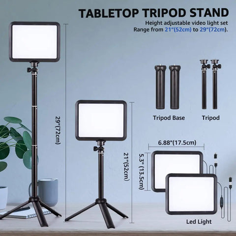 Two Pack 8 Inch Dope LED Video Lights With 29 Inch Adjustable Tripods shown with height measurements and USB connections