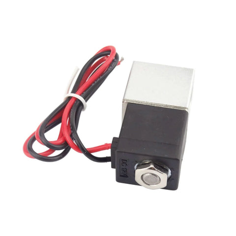 Quarter Inch DC 12V Two Way Normally Closed Solenoid Air Valve with red and black wires, showing encapsulated coil.