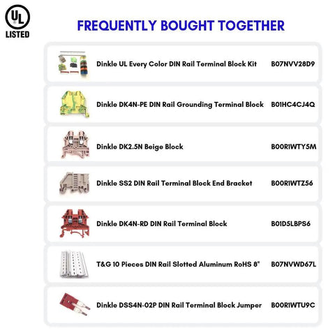 List of frequently bought DIN rail terminal blocks, including DK4N DIN Rail Terminal Block Screw Type UL 600V 30A 10-22AWG Pack Of 100.