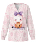 Pink Ghost Moisture Wicking Scrub Jacket For Women With Pockets Snap Front For Quick On Off Relaxed Straight Fit With Cute Design