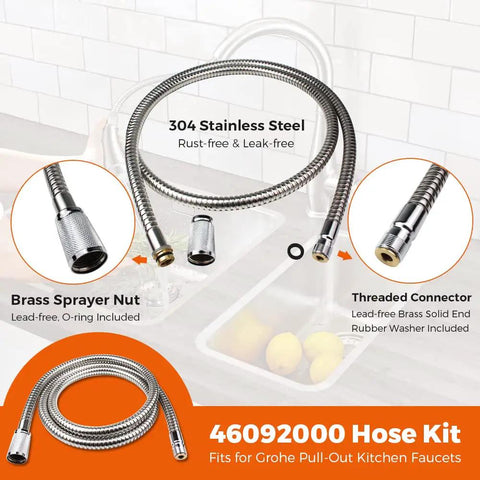 Pull Out Spray Hose For Kitchen Faucets 59 Inch Chrome Replacement For Alira Ladylux Euro Plus Eurodisc And Ashford Models with brass ends displayed in kitchen