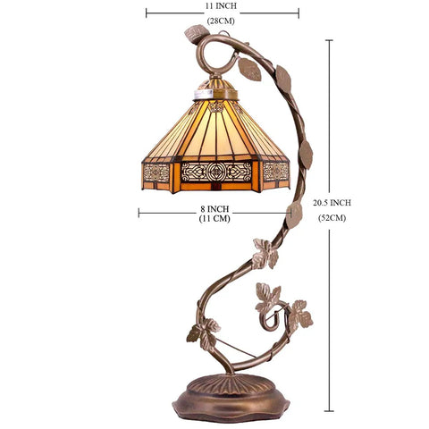 Tiffany Style Stained Glass Table Lamp With Yellow Hexagon Shade, 8 Inch Lampshade, 21 Inch Tall, Bronze Resin Base, UL Listed Reading Light