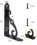Heavy Duty Decorative Shelf Brackets 5 By 3.5 Inch Matte Black Metal Corner Supports Two Hundred Pounds showing dimensions and screws.