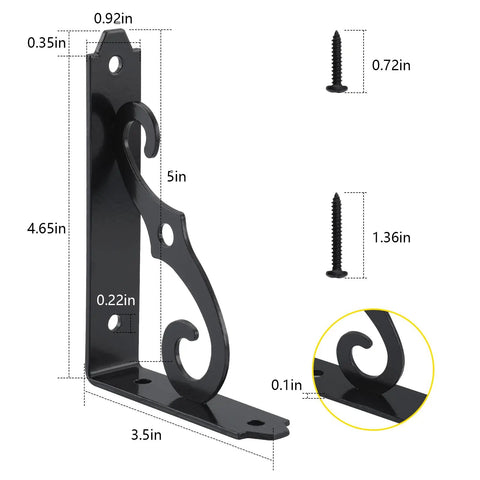 Heavy Duty Decorative Shelf Brackets 5 By 3.5 Inch Matte Black Metal Corner Supports Two Hundred Pounds showing dimensions and screws.