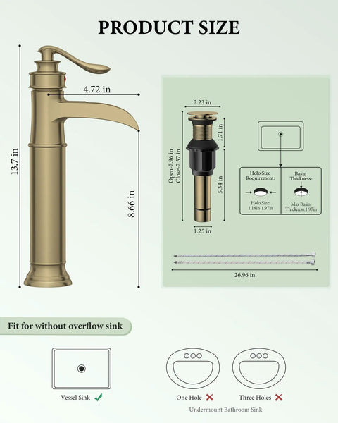 Brass Construction Black And Gold Vessel Sink Faucet With Tall High Arc Body and Single Hole Waterfall Spout, size diagram