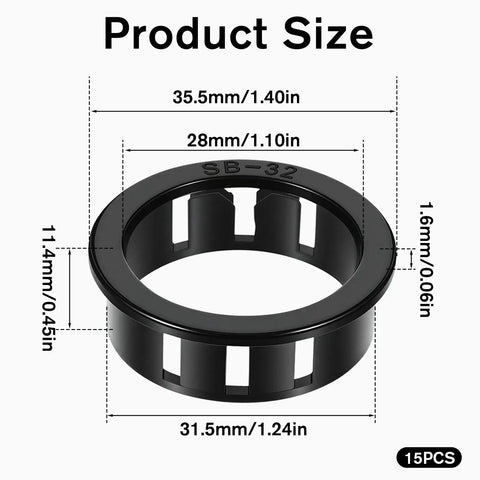 Close-up of 15 Pcs Round Cable Snap Grommet showing dimensions 32mm, black plastic, for safe cable routing, model SB-32.