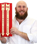 Person holding Fire Extinguisher Sign Two-Sided V-Shaped Projecting Wall Sign With Down Arrow 18x4 Inches 120 Mil Glow-In-The-Dark Acrylic