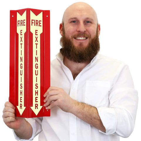 Person holding Fire Extinguisher Sign Two-Sided V-Shaped Projecting Wall Sign With Down Arrow 18x4 Inches 120 Mil Glow-In-The-Dark Acrylic