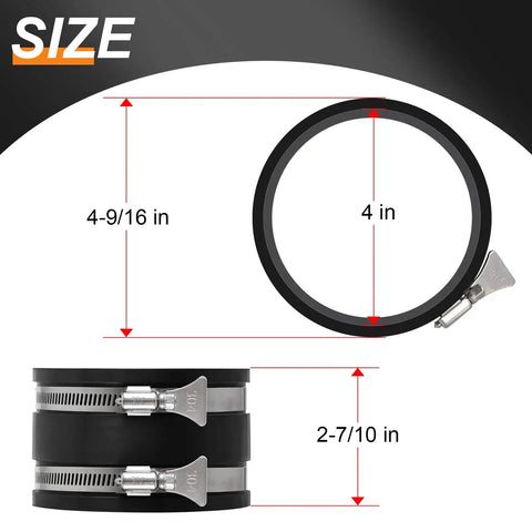 Diagram showing 4 Inch Dust Collection Flex Cuff With Stainless Steel Hose Clamps For An Airtight Seal measurements