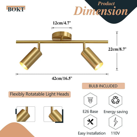 Mid Century Modern 2 Light LED Track Lighting Kit With Dual Way Operation Gold Flush Mount Ceiling Spotlight In Brushed Brass Adjustable Angle Track Lighting Fixture For Living Room with dimensions and features shown.