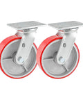 Industrial Casters Set Of 4 With Brakes, 6 Inch Swivel And 2 Rigid Wheels, Heavy Duty 5000 Lbs Capacity, Red Polyurethane On Aluminum