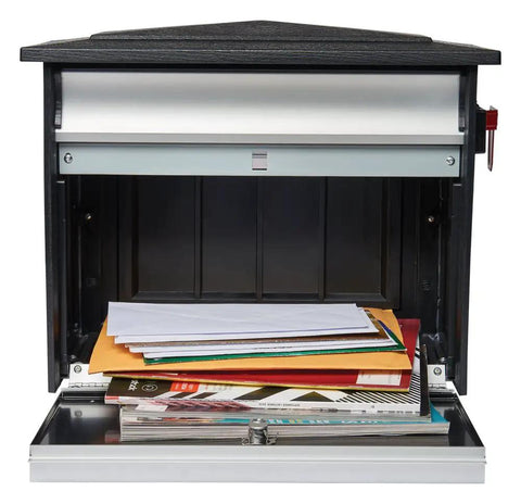 Open Heavy Duty Aluminum Wall Mount Mailbox With Locking Cam Lock, Medium Capacity 840 Cubic Inches, Black Finish, showing paper mail inside