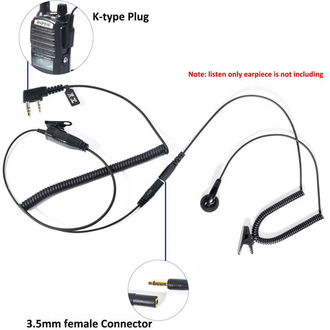 Universal Ham Radio Earpiece Adapter Cable With 2 Pin K Type To 3.5mm Female Plug, showing K-type plug and 3.5mm connector