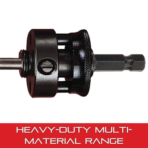 Heavy Duty Quick Hitch Hole Saw Arbor With 5/8-18 Screw Thread And 11/32 Inch Shank in black with hex shank.