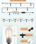 Smart Outdoor String Lights 123 Ft With 40 Dimmable Edison Bulbs IP65 Weatherproof WiFi App Control and Alexa Compatible illustrating connection options and bulb size.