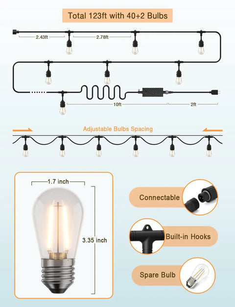 Smart Outdoor String Lights 123 Ft With 40 Dimmable Edison Bulbs IP65 Weatherproof WiFi App Control and Alexa Compatible illustrating connection options and bulb size.