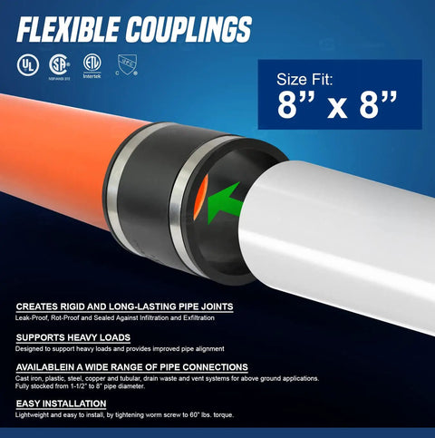 Rock Solid Flexible Pvc Pipe Coupling Connector With Stainless Steel Worm Clamp 8 Point 6 Inch Inner Diameter For 8 Inch Nominal Dwv Line close up showing flexible coupling fit.