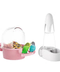 No Mess Bird Feeder And Water Dispenser Set For Bird Cage Gravity Automatic Seed Hopper With Easy Clean Design No Sweat Operation and Easy As Pie Cleaning Big Time Durable For Fluffy Friends with two colorful birds.