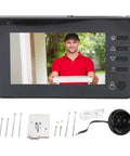 All In One Peephole Doorbell Camera With 4.3 Inch Indoor Monitor Easy Install 720P Video 940Nm Night Vision 145 Degree Wide View Motion Alerts Digital Peephole Viewer For Real Time Home Security with monitor displaying a visitor on screen and installation accessories.