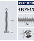 Dead Nuts Tough Number Ten X One Half Inch Stainless Steel Phillips Pan Head Wood And Sheet Metal Screws 304 Grade specifications image