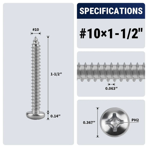 Dead Nuts Tough Number Ten X One Half Inch Stainless Steel Phillips Pan Head Wood And Sheet Metal Screws 304 Grade specifications image