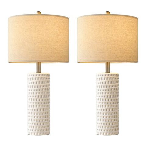 24 Inch Farmhouse Ceramic Table Lamp Set Of 2 White For Bedroom And Living Room Modern Nightstand Lamps For Desk Office Or Dorm Decor Durable Ceramic Base With Scratch Resistant Finish, textured white base and linen shade