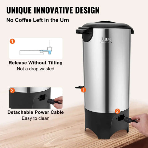 Heavy Duty Coffee Urn 50 Cup 7.5L Stainless Steel Dispenser With Step Discharge Spout For Mess Free Pour, 1000W 110V Electric Brewer