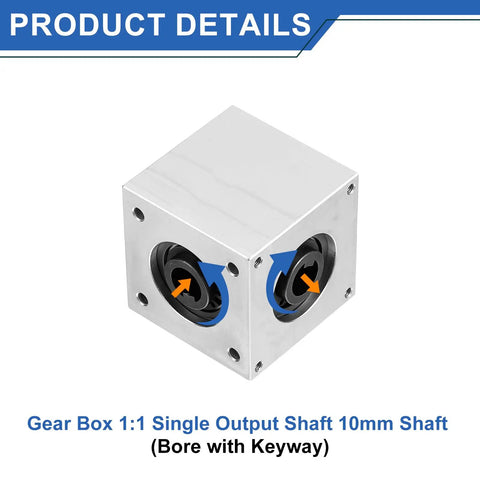 Right Angle Bevel Gearbox 1 To 1 90 Degree Output For DIY Projects With 20 Teeth, 1 Module, 10mm Shaft, Aluminum Frame, Keyway Bore