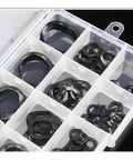 Elastic Wave Spring Washer Set For Hardware And Automotive Projects, Three Wave Peak Seal Form, Durable Metal Gasket, Internal Size Range 3mm To 25mm, Lock Washer Kit With Black Finish And Easy Fit, assorted black washers in storage box
