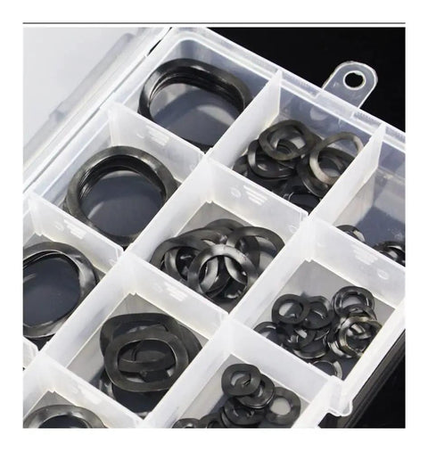 Elastic Wave Spring Washer Set For Hardware And Automotive Projects, Three Wave Peak Seal Form, Durable Metal Gasket, Internal Size Range 3mm To 25mm, Lock Washer Kit With Black Finish And Easy Fit, assorted black washers in storage box