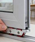 2 Sets Dual Nylon Wheels Sliding Door Rollers with 8 Screws for PVC Track Window Slider Replacement Silent Glide Heavy Duty Pulley showing red nylon wheels and metal bracket in use.