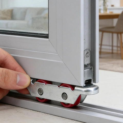 2 Sets Dual Nylon Wheels Sliding Door Rollers with 8 Screws for PVC Track Window Slider Replacement Silent Glide Heavy Duty Pulley showing red nylon wheels and metal bracket in use.