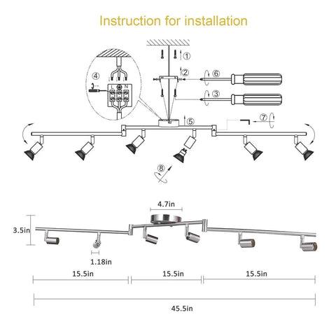Installation instructions for Six Light Dimmable Track Lighting Kit With Flexible Foldable Arms In Satin Nickel Finish