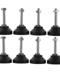 Heavy Duty Adjustable Furniture Levelers Fully Threaded Table Legs For Cabinets And Chairs Built Tough Floor Feet with black rubber base and metal shaft.