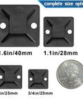 Comparison of sizes for three quarters inch black cable zip tie mounts with adhesive backing, shown next to a quarter coin.