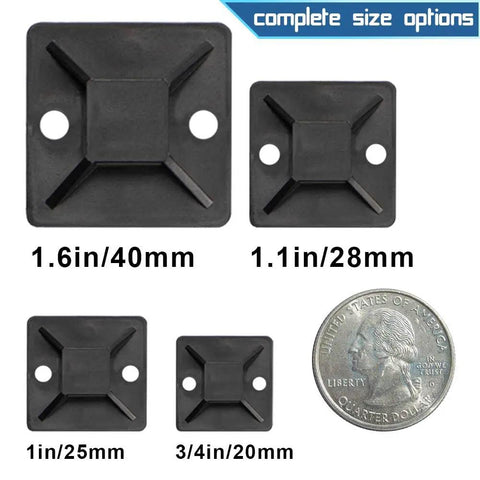 Comparison of sizes for three quarters inch black cable zip tie mounts with adhesive backing, shown next to a quarter coin.
