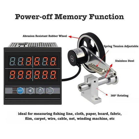 Digital Length Meter And Roll Through Measuring Wheel With High Precision Encoder For No Sweat Counting Up To 999999 Runs Across Feet Inch Meter Yard Units, displaying adjustable wheel and digital readout.