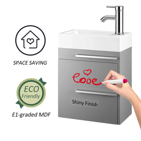 Compact 16 Inch Bathroom Vanity Sink Combo For Small Spaces Wall Mounted Cabinet Set With Chrome Faucet and writable surface