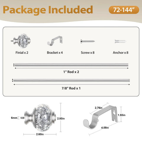 Heavy Duty Telescoping 1 Inch Curtain Rod Extends From 72 To 144 Inches With Silver Decorative Translucent Finials and hardware