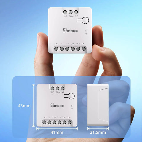 WiFi Mini D Smart Switch With Matter, Dry Contact Output For NO NC, AC Or DC Input, shown in hand with dimensions
