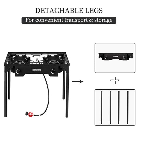 2 Burner Outdoor Portable Propane Stove With Cast Iron Burners And Detachable Stand Legs For Camp Cooking Heavy Duty Gas Cooker