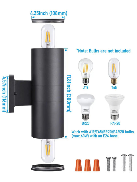 Outdoor Cylinder Wall Lights 12 Inch Up Down Sconce for Porch and Patio Matte Black Weatherproof Aluminum Exterior Light Fixture