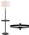 61 Inch Black And Brass Gold Metal LED End Table Floor Lamp, Sleek Modern Contemporary Iron Standing Light With White Linen Drum Shade