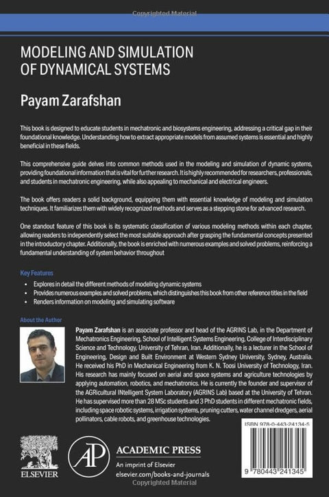 Back cover of the book Modeling and Simulation of Dynamical Systems by Payam Zarafshan, with Academic Press logo.
